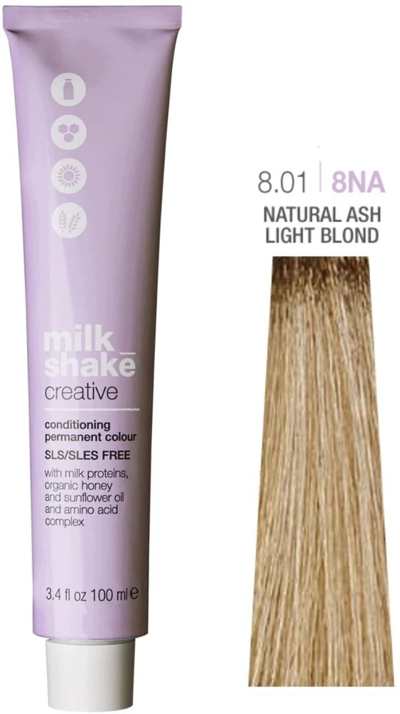 Milk Shake Creative nuolatinių plaukų dažų be SLS/SLES 8.018NA natūralaus peleninio šviesaus blondino, 100 ml