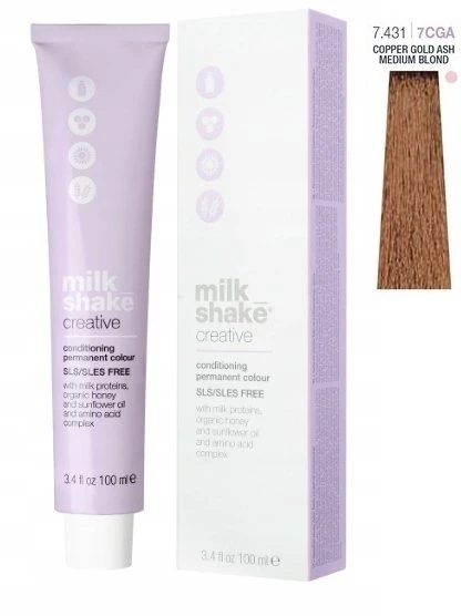 „Milk Shake Creative“ ilgalaikiai plaukų dažai be SLS/SLES, 7.4317CGA egzotiška vidutinė blondinė, 100 ml