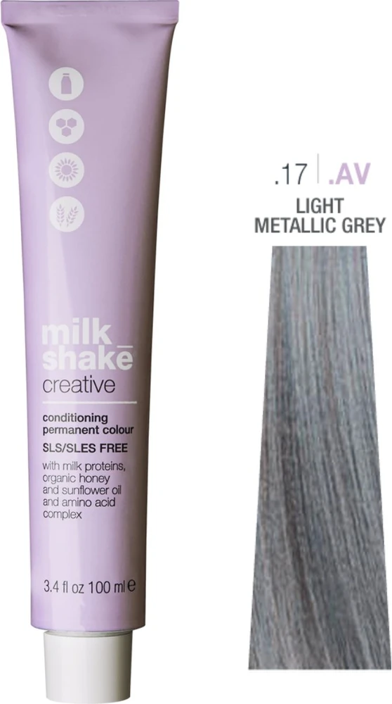 Milk Shake Creative be SLS/SLES nuolatinių plaukų dažų .17.AV šviesiai metalinis pilkas, 100 ml
