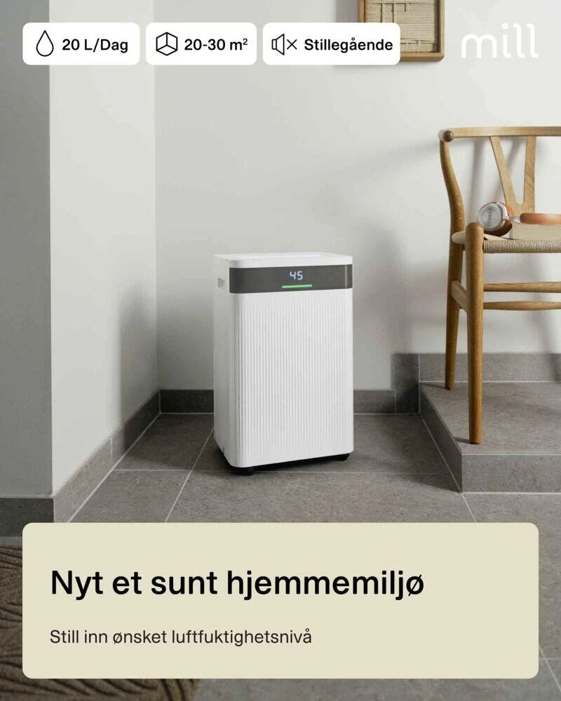 Mill Malūnas | Oro sausintuvas | MDH20 | Tinka iki 20-30 m² patalpoms | Vanduo bako talpa 4 l | Baltas