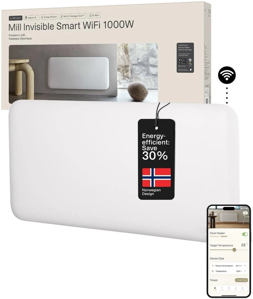 Šildytuvas Mill PA1000WIFI4 | 1000 W | iki 12-16 m² | Baltas | IPX4