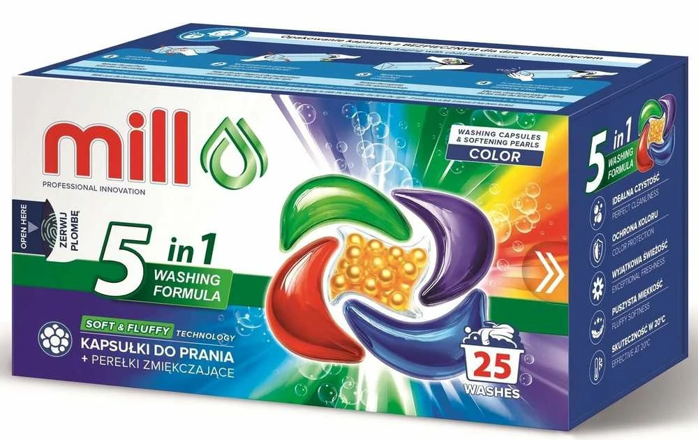 Madonis MILL PRO 5k skalbimo kapsulės + SPALVOTŲ skalbinių minkštinimo granulės, 25 vnt.