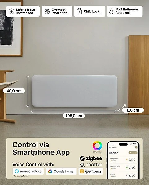 Elektrinis šildytuvas Mill Invisible Smart WiFi Panel Heater, 1300 W, Baltas, IPX4