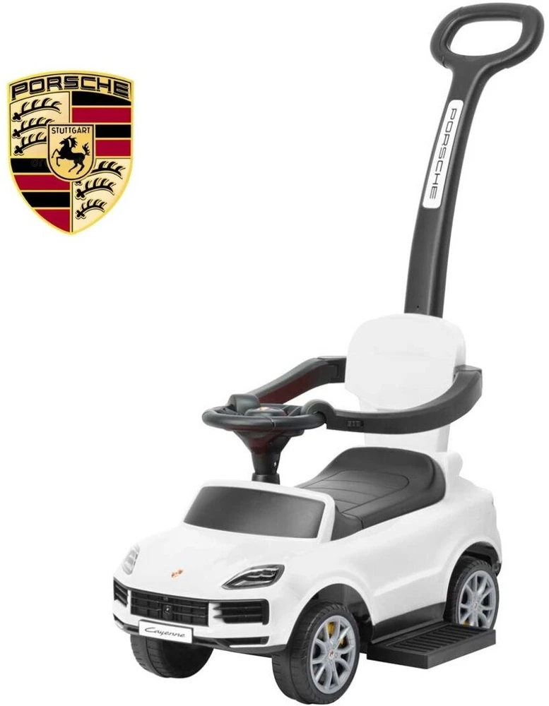 Milly Mally Jeździk Vairuotojas gali vairuoti automobilį su rankena, baltas „Porsche Cayenne“