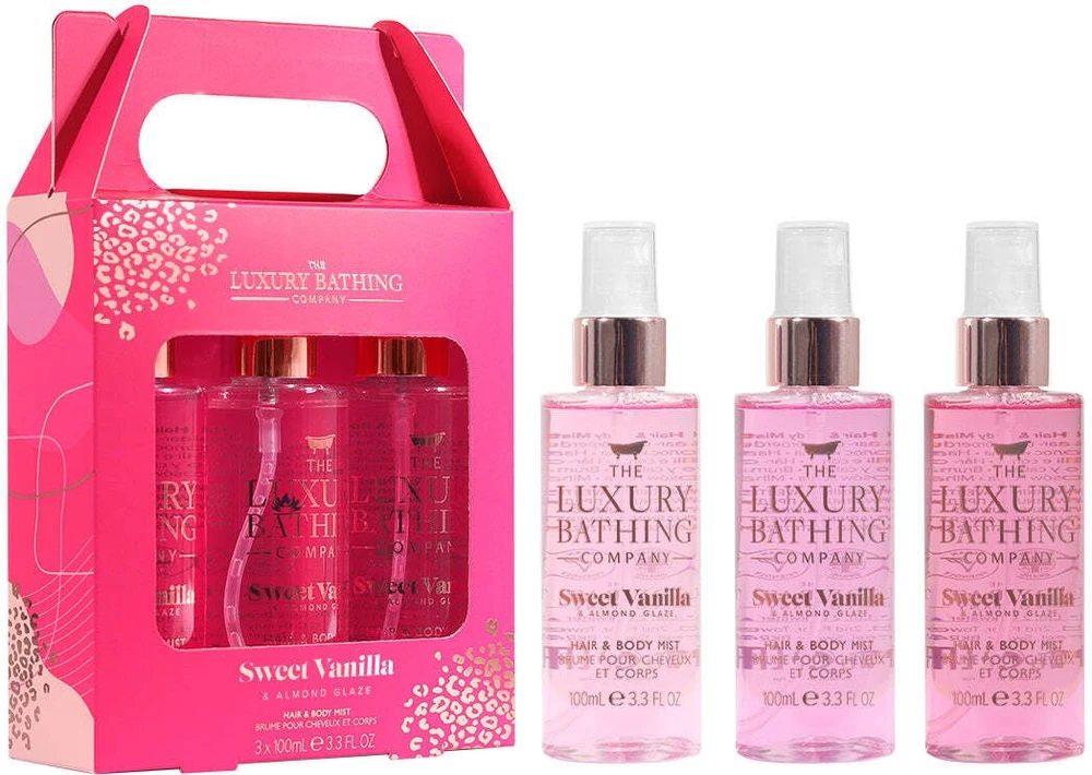 Set The Luxury Bathing Company: Sweet Vanilla & Almond Glaze Hair Scented Mist For Women, 100 ml + Sweet Vanilla & Almond Glaze Refreshing Body Purškiklis Aquatic & Floral, 100 ml + Sweet Vanilla & Almond Glaze Shimmering Body Purškiklis, 100 ml