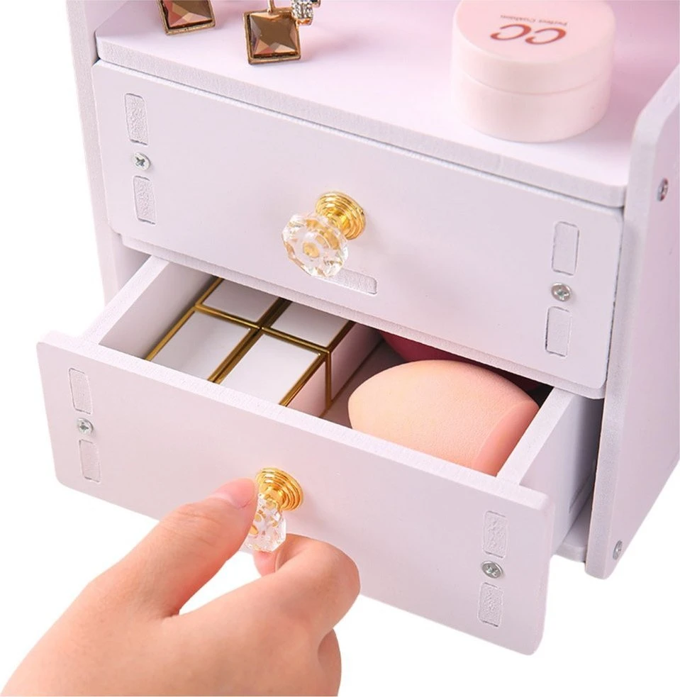 Lean Toys Mini medinis makaiažo staliukas su veidrodėliu ir dviem stalčiais, baltas