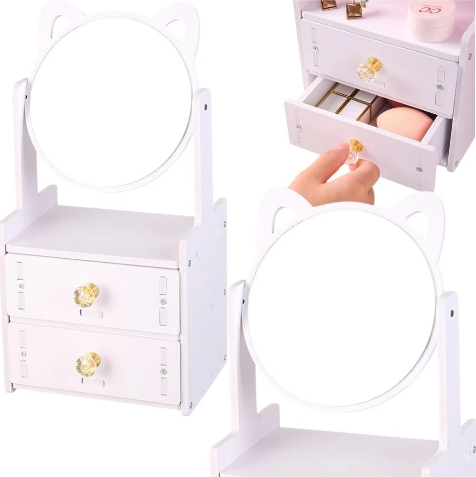 Lean Toys Mini medinis makaiažo staliukas su veidrodėliu ir dviem stalčiais, baltas