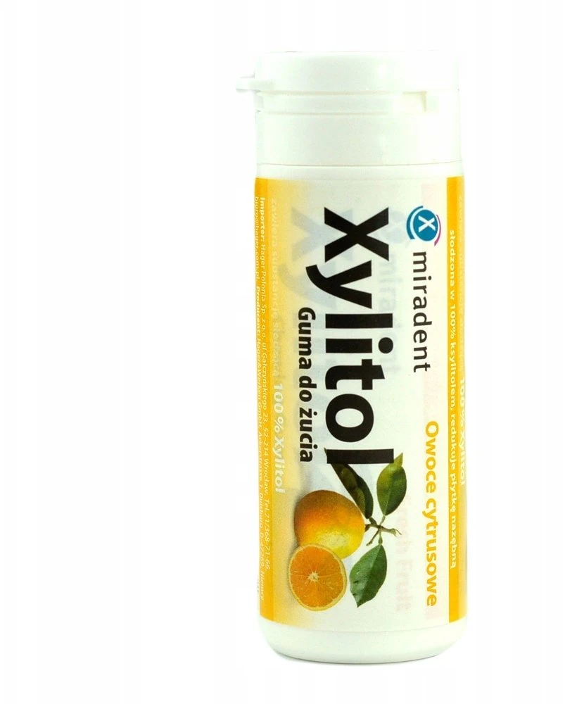 MIRADENT XYLITOL becukrė kramtomoji guma su ksilitoliu vaisių skonio, 30 vnt.