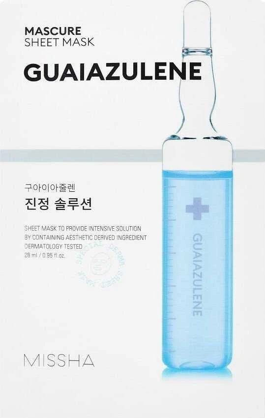 Missha Mascure Calming Solution Guaiazulene Sheet Mask raminanti ir atkurianti lakštinė veido kaukė, 28 ml