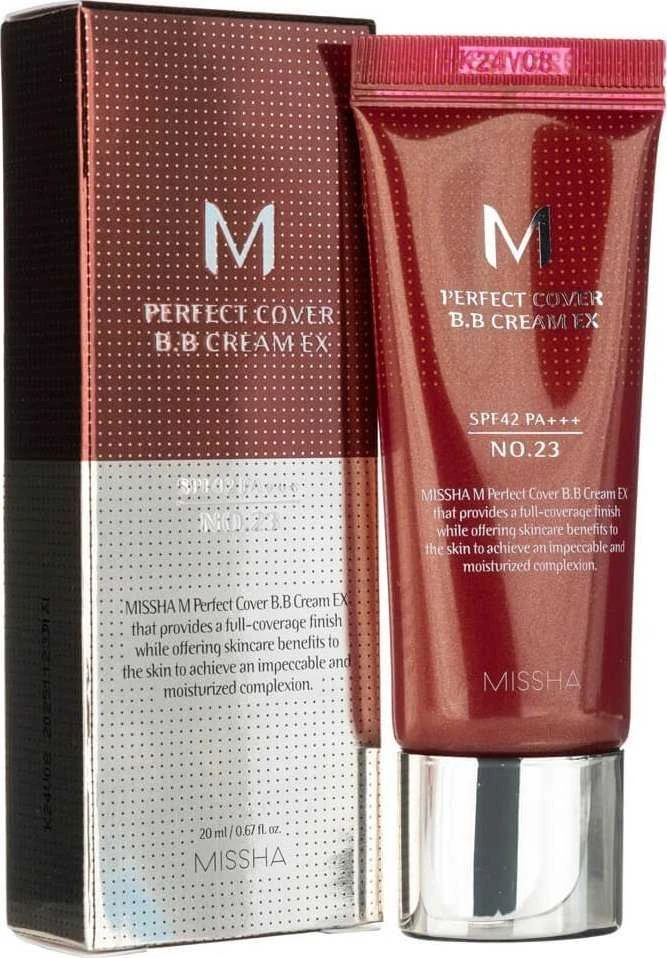 Missha M Perfect Cover BB Kreminis SPF42/PA+++ maskuojantis/drėkinantis BB veido kremas, atspalvis: 23 Natural rusvai gelsvas, 20 ml