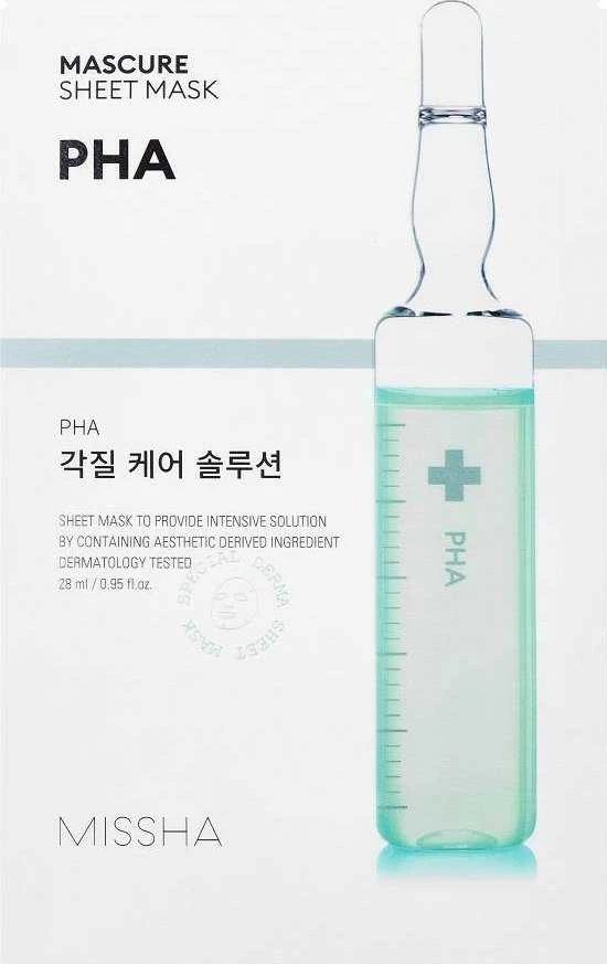 Missha Mascure Peeling Solution Sheet Mask PHA šveičiamoji ir valomoji lakštinė veido kaukė su PHA rūgštimis, 28 ml