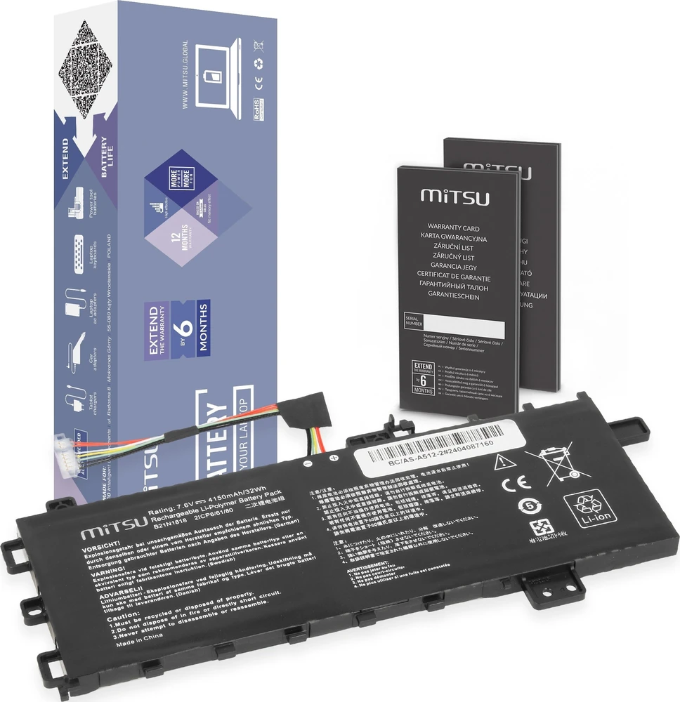 Mitsu Baterija B21N1818 do Asus Vivobook 15 A512 R512 X512 4150 mAh (32 Wh) 7,6 V (7,4 V)