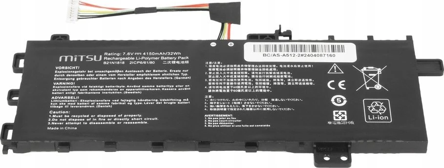 Mitsu Baterija B21N1818 do Asus Vivobook 15 A512 R512 X512 4150 mAh (32 Wh) 7,6 V (7,4 V)