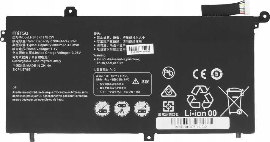 Mitsu akumuliatorius, skirtas Smartphome Huawei Matebook D Series HB46K497ECW 3700 mAh (42,2 Wh) 11,4 V