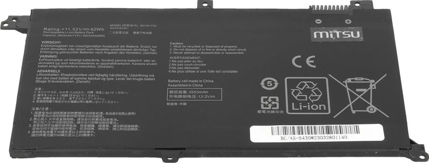 Nešiojamojo kompiuterio maitinimo adapteris Mitsu Bateria B31N1732 do Asus Vivobook S430 X430U K430