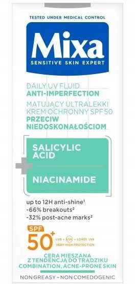 Mixa Salicylic Acid + Niacinamide Daily UV Fluid SPF 50+ apsauginis fluidas nuo saulės veidui, 40 ml