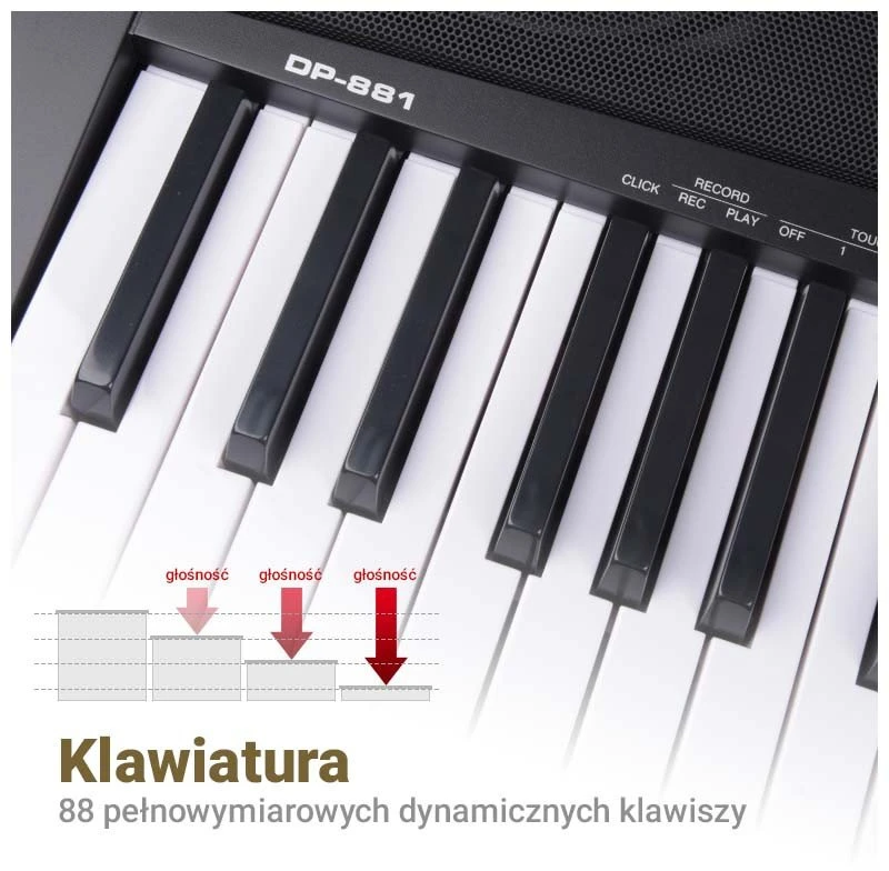MK WP 881 skaitmeninis pianinas, klavišai, skirti mokytis groti