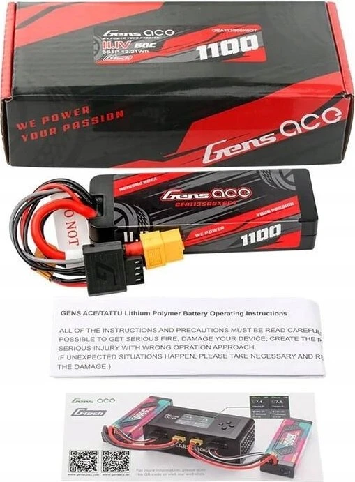 Lipo Gens ace G-Tech 1100mAh 11.1V 3S1P 60C GRP-76 kietojo korpuso baterija su XT60 kištuku