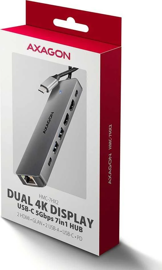AXAGON HMC-7HX2 USB-C 3.2 Gen 1 šakotuvas, 2x USB-A + 1x USB-C, 2x HDMI 4K 60Hz, GLAN, PD 100W, 15 cm USB-C laidas