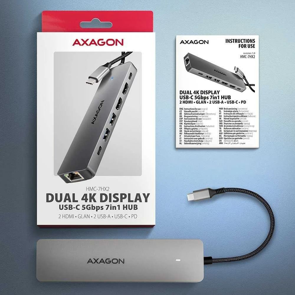 AXAGON HMC-7HX2 USB-C 3.2 Gen 1 šakotuvas, 2x USB-A + 1x USB-C, 2x HDMI 4K 60Hz, GLAN, PD 100W, 15 cm USB-C laidas