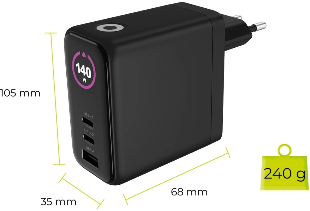 Įkroviklis Mobile Origin 140W GaN Ekranas Charger PW21 - 2x USB-C + USB-A
