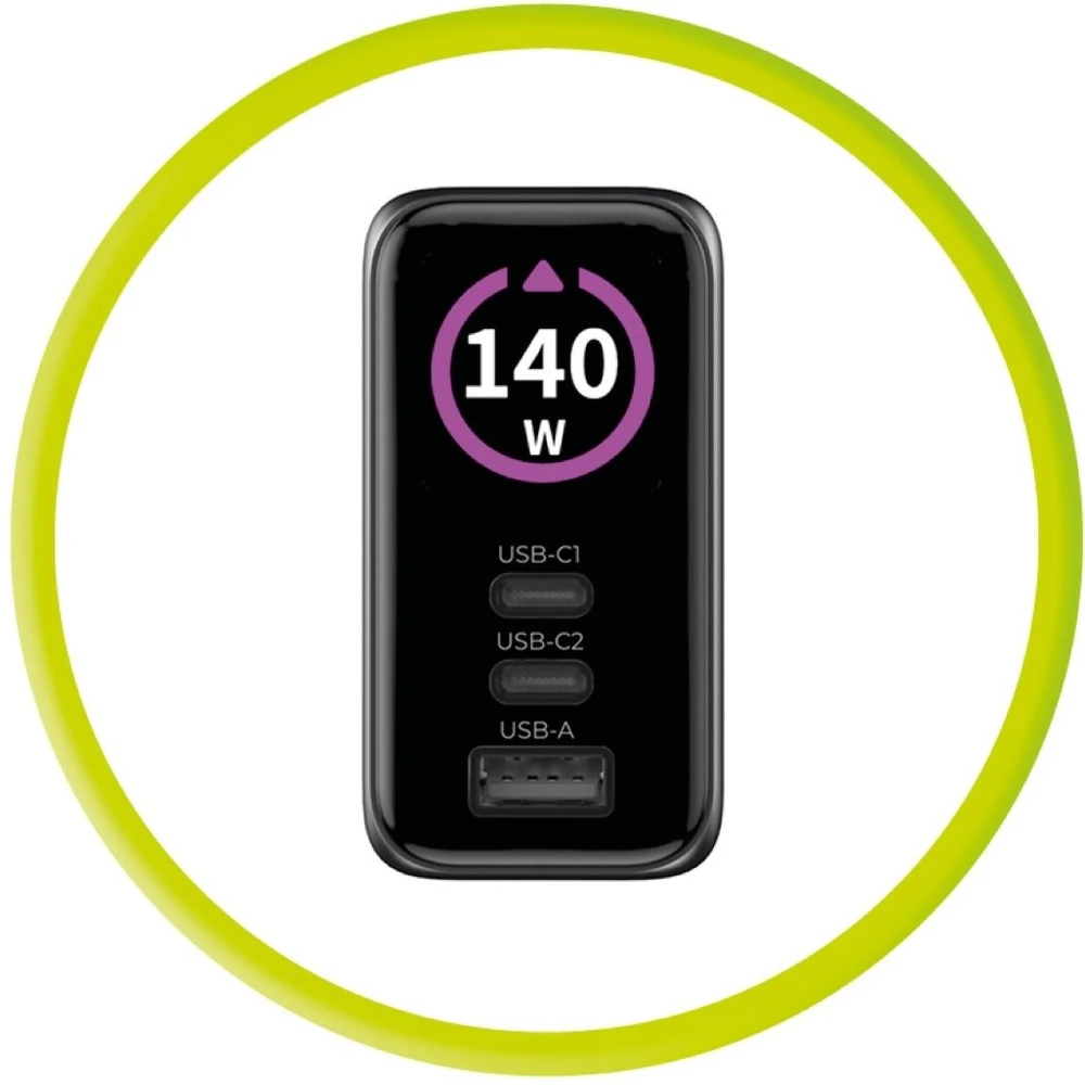 Įkroviklis Mobile Origin 140W GaN Ekranas Charger PW21 - 2x USB-C + USB-A