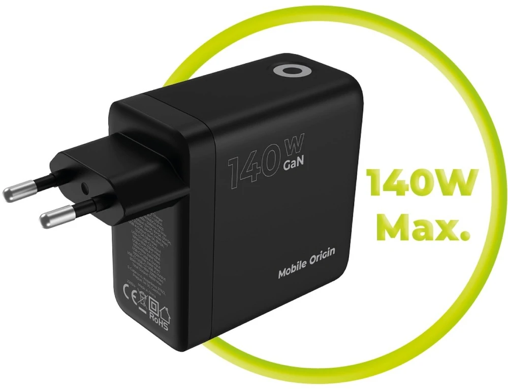 Įkroviklis Mobile Origin 140W GaN Ekranas Charger PW21 - 2x USB-C + USB-A