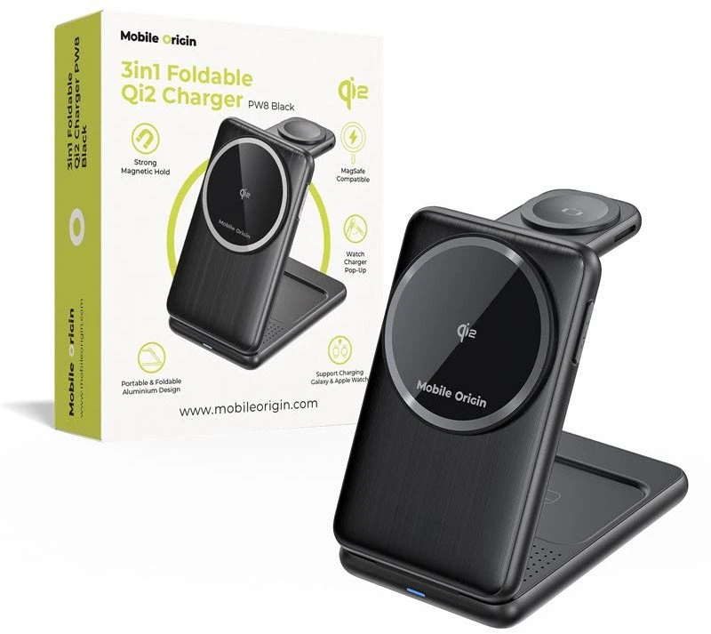 Mobile Origin 3in1 sulankstomas Qi2 įkroviklis PW8, juodas