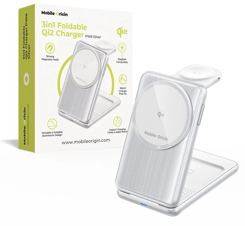 Mobile Origin 3in1 sulankstomas Qi2 įkroviklis PW8, sidabrinis