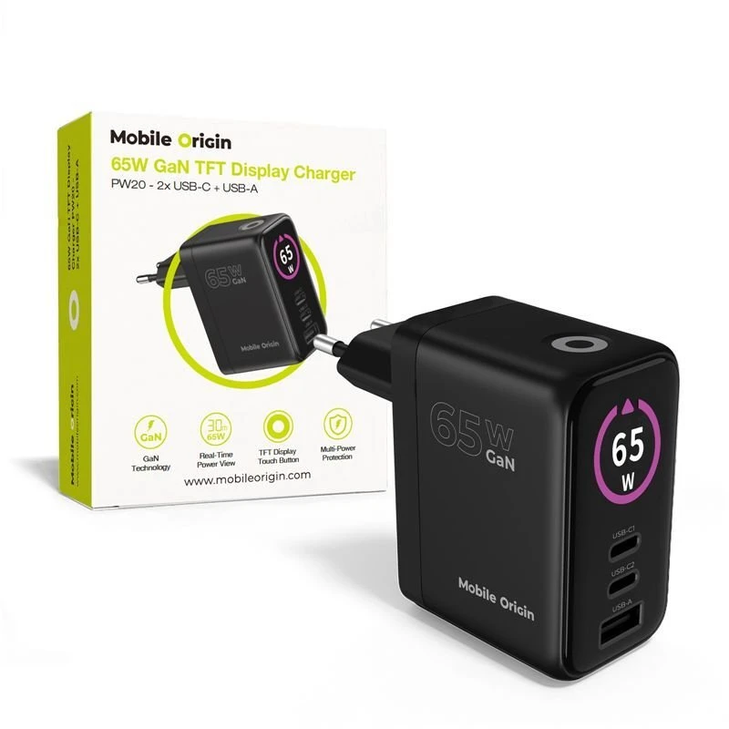 Įkroviklis Mobile Origin 65W GaN Ekranas Charger PW20 - 2x USB-C + USB-A