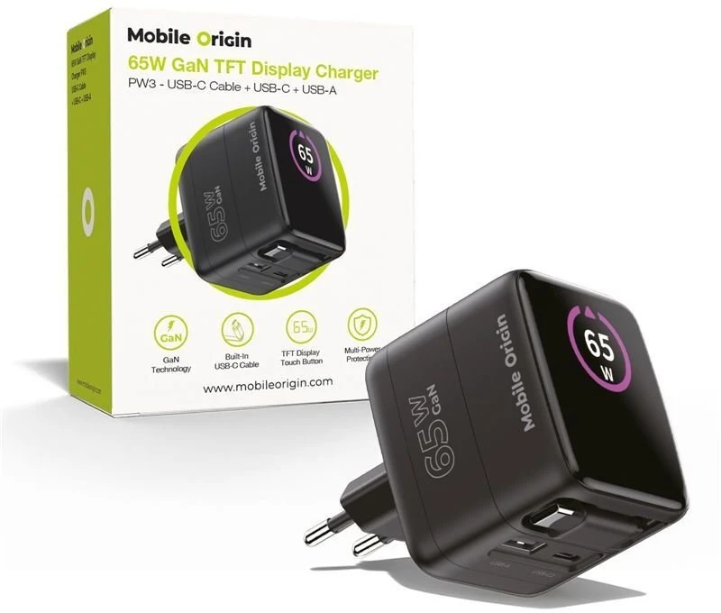 Įkroviklis Mobile Origin 65W GaN Ekranas Charger PW3 - USB-C Cable + USB-C + USB-A