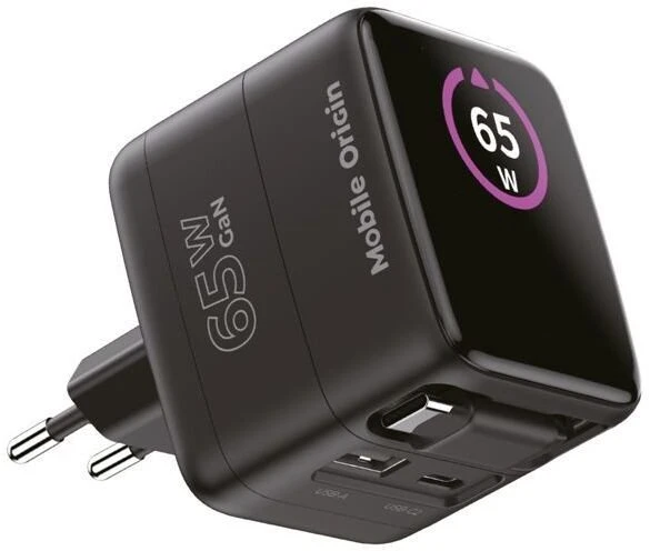 Įkroviklis Mobile Origin 65W GaN Ekranas Charger PW3 - USB-C Cable + USB-C + USB-A