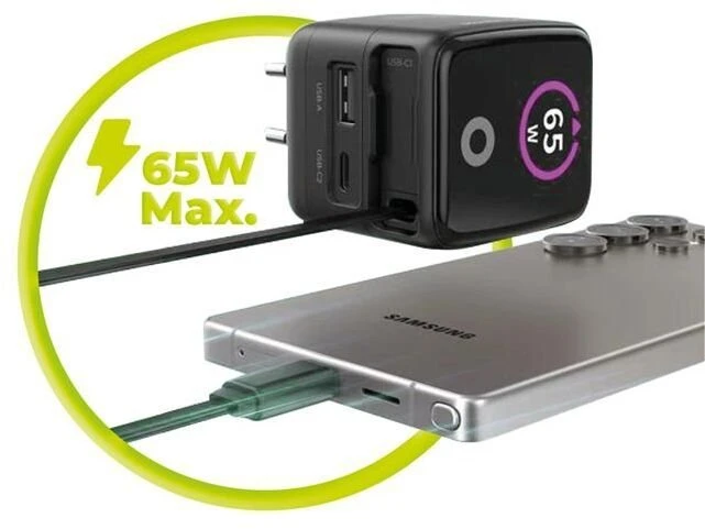 Įkroviklis Mobile Origin 65W GaN Ekranas Charger PW3 - USB-C Cable + USB-C + USB-A