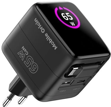 Įkroviklis Mobile Origin 65W GaN Ekranas Charger PW3 - USB-C Cable + USB-C + USB-A