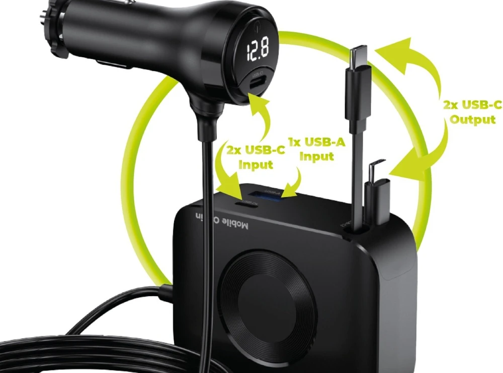 Įkroviklis Mobile Origin 75W 5in1 automobilinis įkroviklis CA23 - 2x USB-C + USB-A prievadai, 2x USB-C laidai