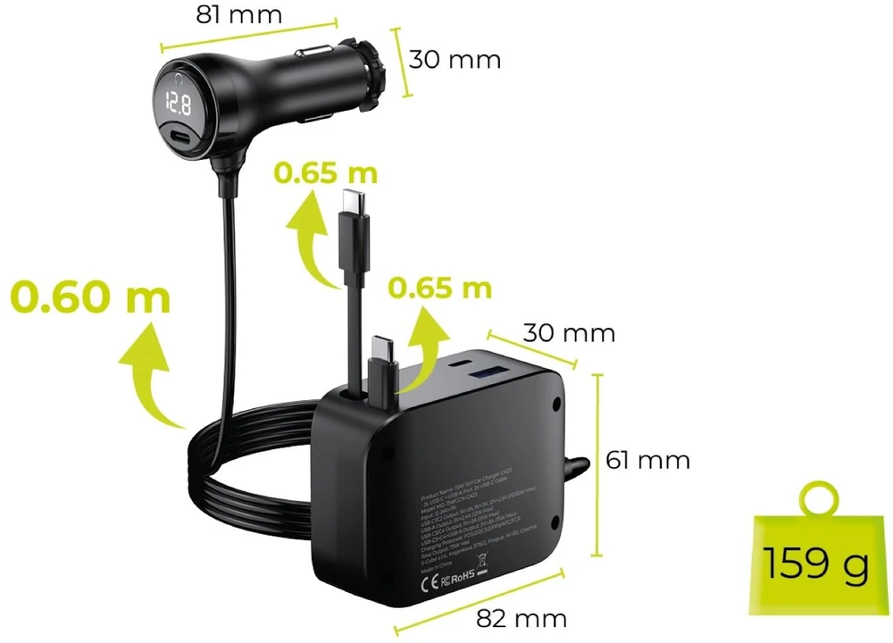 Įkroviklis Mobile Origin 75W 5in1 automobilinis įkroviklis CA23 - 2x USB-C + USB-A prievadai, 2x USB-C laidai