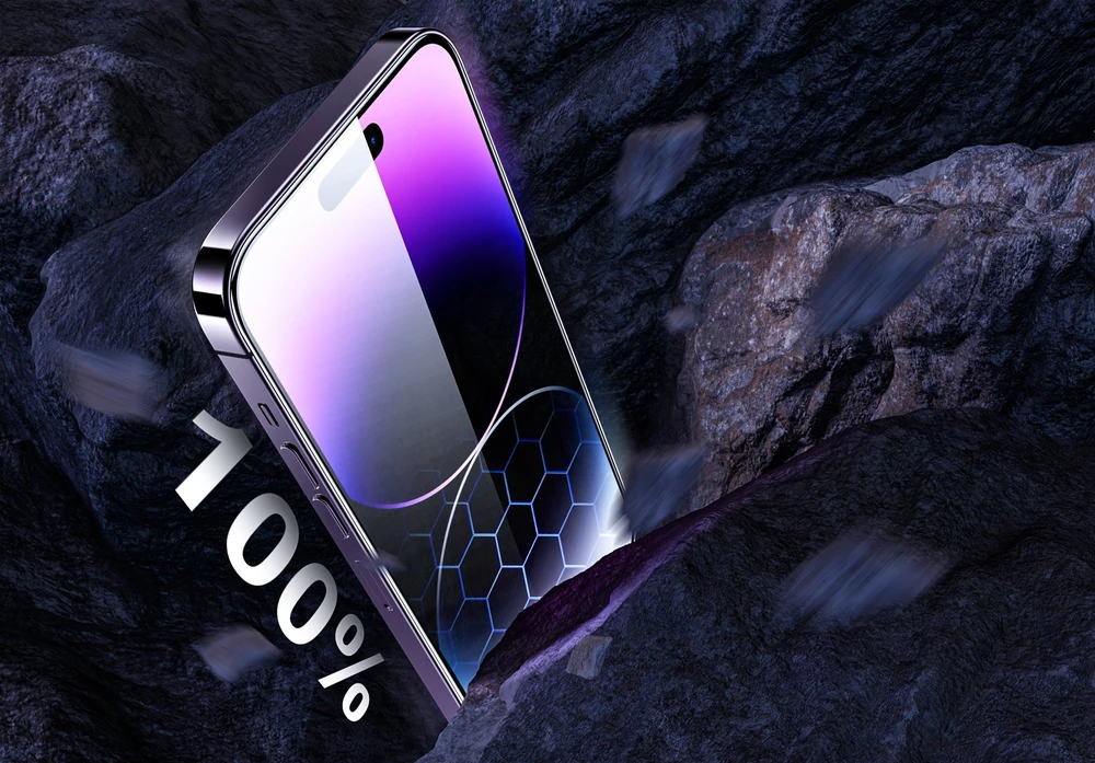 „Mobile Origin“ ekrano apsaugos „iPhone 14 Pro Max“ su lengvai aplikatoriumi, 2 vnt. pakuotėje.