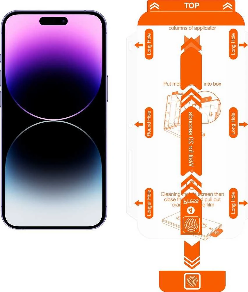 „Mobile Origin“ ekrano apsaugos „iPhone 14 Pro“ su lengvai aplikatoriumi, 2 vnt. pakuotėje