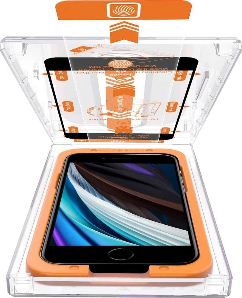 „Mobile Origin“ ekrano apsaugos iPhone 8 / 7 / SE 2022 / SE 2020 su lengvai aplikuojamais apsauginiais lipdukais, 2 vnt. pakuotėje.