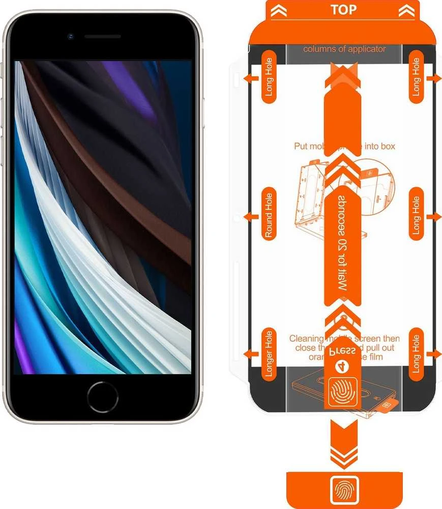 „Mobile Origin“ ekrano apsaugos iPhone 8 / 7 / SE 2022 / SE 2020 su lengvai aplikuojamais apsauginiais lipdukais, 2 vnt. pakuotėje.