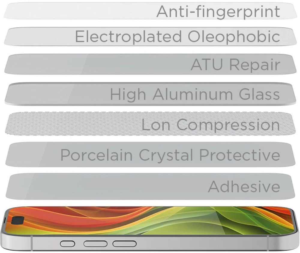 Mobile Origin ekrano apsaugos su lengvai apklijuojamu užtepikliu, pritaikytos dėklui, 2 vnt. pakuotėje – „iPhone 17 Pro Max“