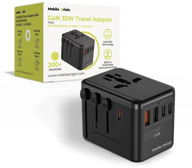 „Mobile Origin GaN 35W“ kelioninis adapteris PW4 EU/UK/US/AUS, 3x USB-C + 2x USB-A