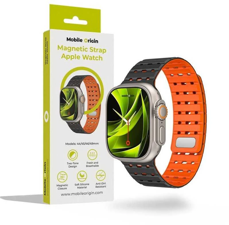 Mobile Origin magnetinis dirželis, juodas/oranžinis - AW Ultra 2/1 (49 mm) 9/8/7 (45 mm)/6/SE/5/4 (44 mm)/3/2/1 (42 mm)