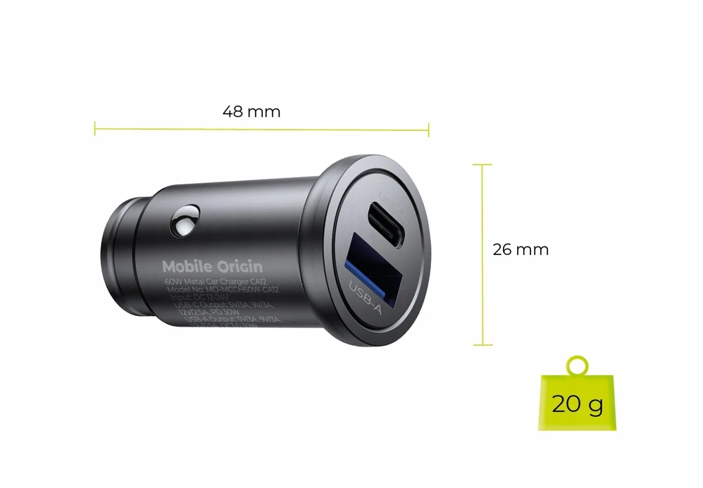 Mobile Origin metalinis automobilinis įkroviklis 30 W, CA12 - USB-C, USB-A
