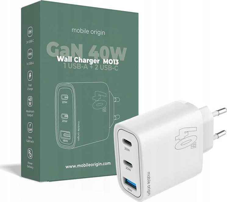 Mobile Origin GaN 40W sieninis įkroviklis MO13, 1 USB-A + 2 USB-C