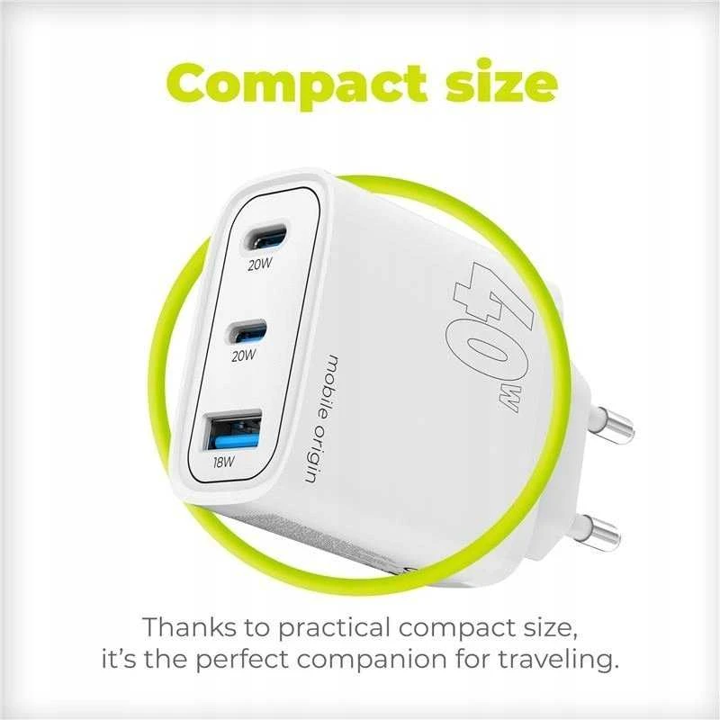 Mobile Origin GaN 40W sieninis įkroviklis MO13, 1 USB-A + 2 USB-C