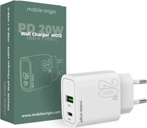 Mobile Origin PD20W sieninis įkroviklis MO12, 1 USB-A + 1 USB-C