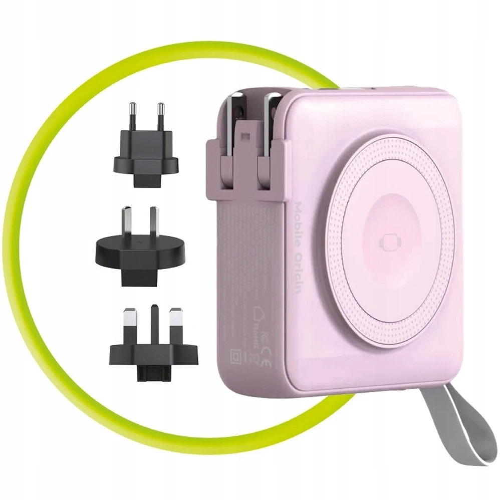 „Mobile Origin“ nešiojamoji baterija ir kelioninis įkroviklis, „Lightning“ / USB-C“ laidas, suderinamas su „MagSafe“ / „AW“ / „iPhone“, rožinis