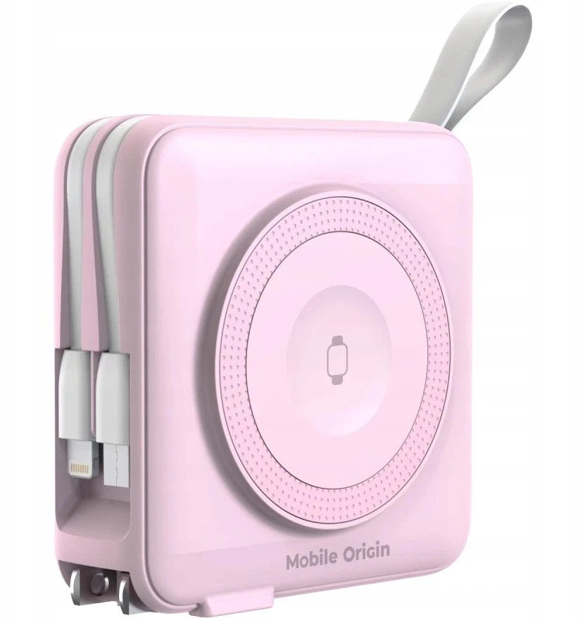 „Mobile Origin“ nešiojamoji baterija ir kelioninis įkroviklis, „Lightning“ / USB-C“ laidas, suderinamas su „MagSafe“ / „AW“ / „iPhone“, rožinis