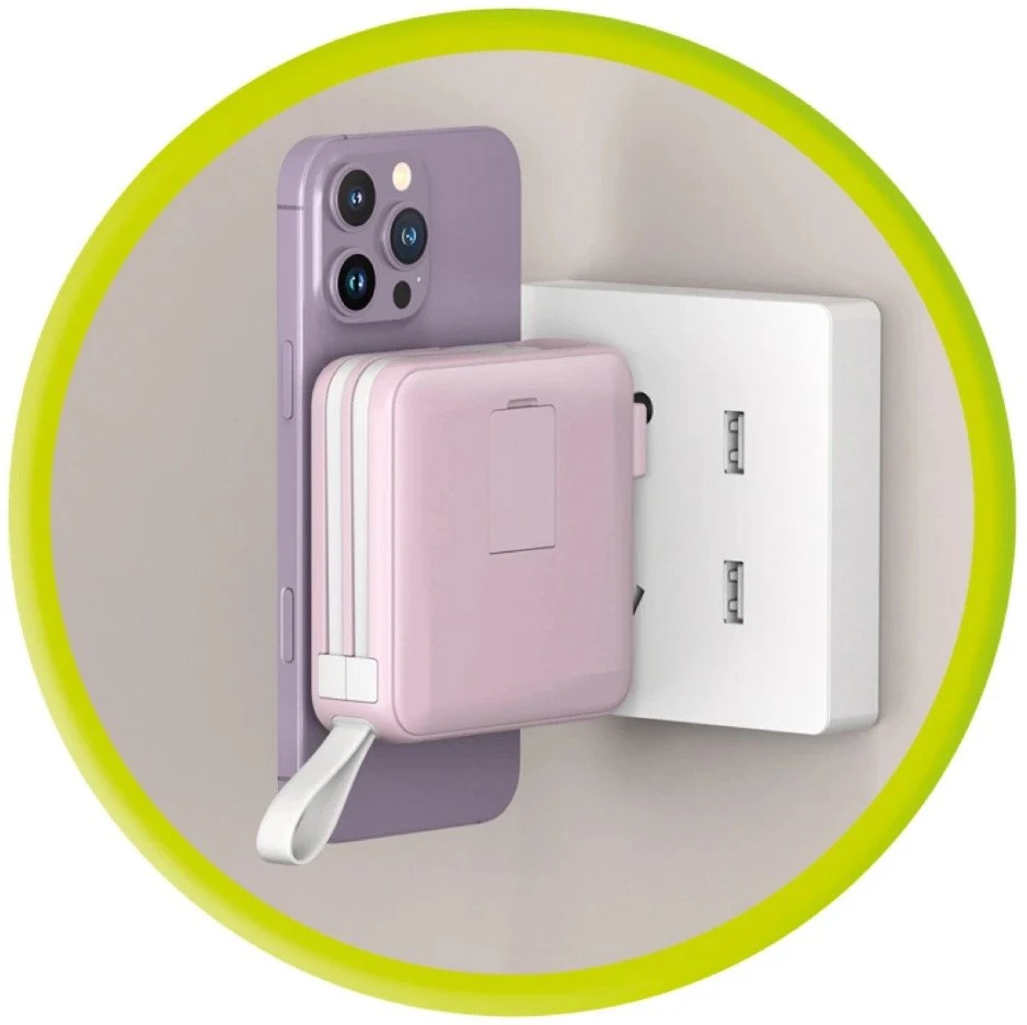 „Mobile Origin“ nešiojamoji baterija ir kelioninis įkroviklis, „Lightning“ / USB-C“ laidas, suderinamas su „MagSafe“ / „AW“ / „iPhone“, rožinis